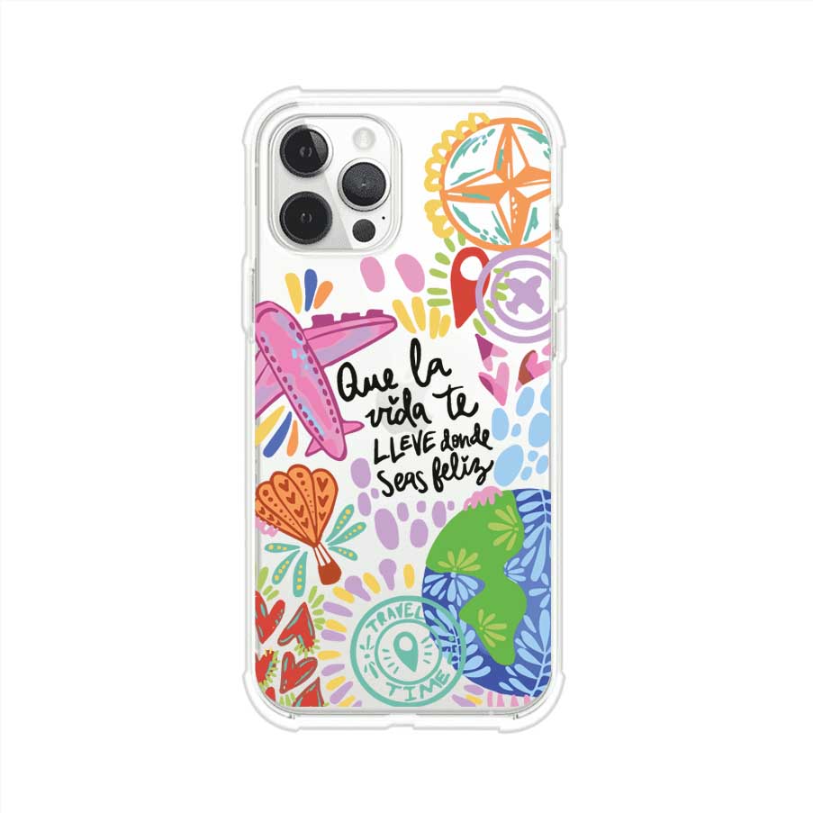 Funda para iPhone con diseño colorido de viaje, frases motivacionales y elementos como aviones, planeta y brújula – Remark Mx