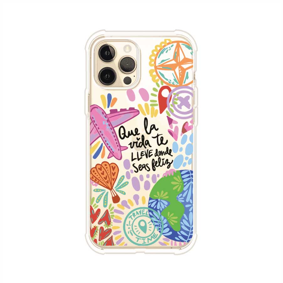 Funda para iPhone con diseño colorido de viaje, frases motivacionales y elementos como aviones, planeta y brújula – Remark Mx