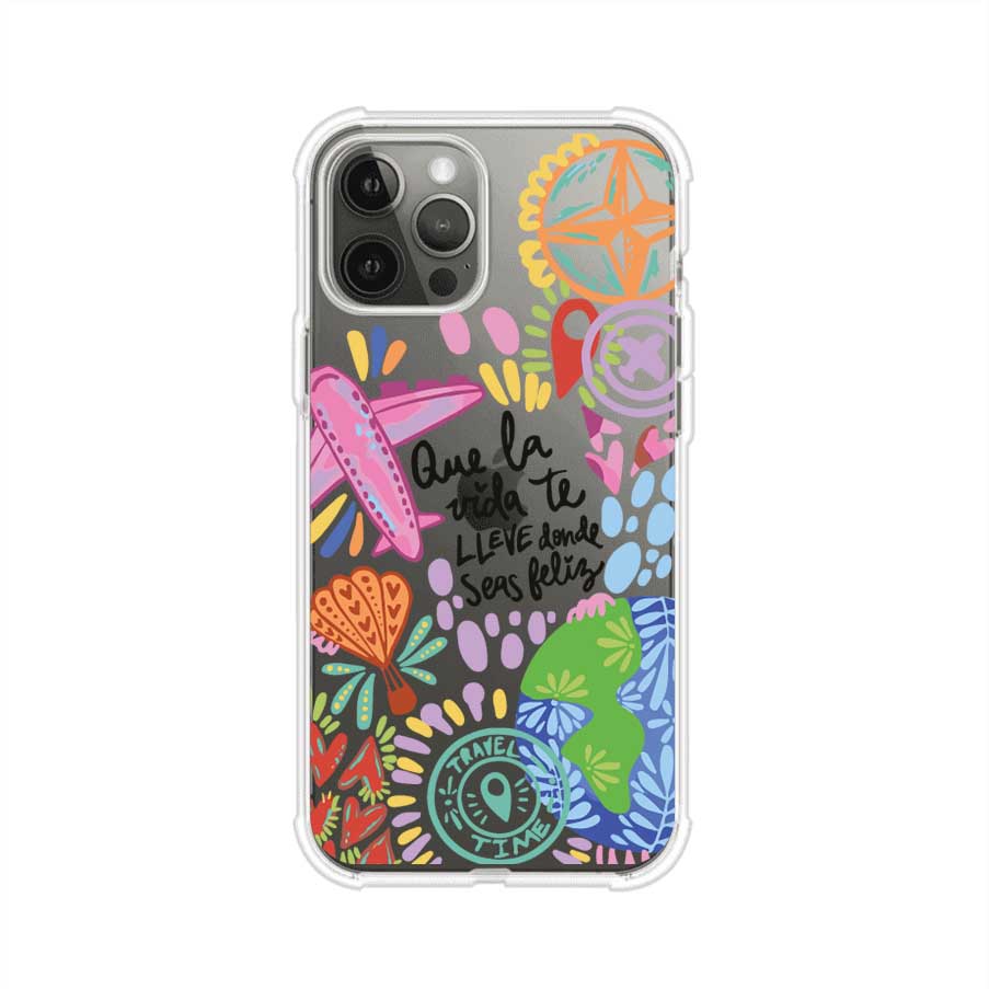 Funda para iPhone con diseño colorido de viaje, frases motivacionales y elementos como aviones, planeta y brújula – Remark Mx