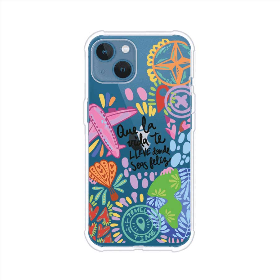 Funda para iPhone con diseño colorido de viaje, frases motivacionales y elementos como aviones, planeta y brújula – Remark Mx