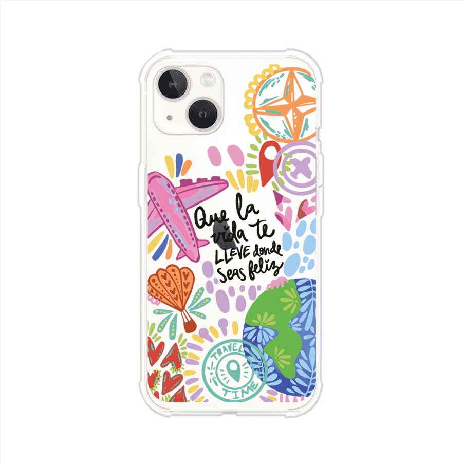Funda para iPhone con diseño colorido de viaje, frases motivacionales y elementos como aviones, planeta y brújula – Remark Mx