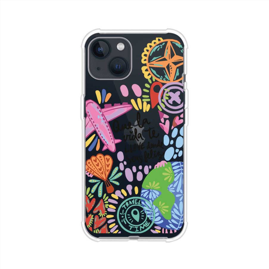 Funda para iPhone con diseño colorido de viaje, frases motivacionales y elementos como aviones, planeta y brújula – Remark Mx