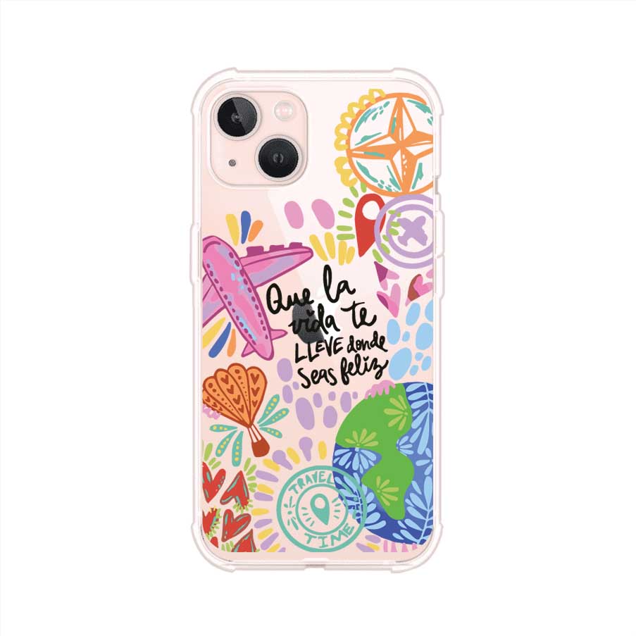 Funda para iPhone con diseño colorido de viaje, frases motivacionales y elementos como aviones, planeta y brújula – Remark Mx