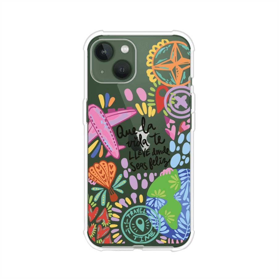 Funda para iPhone con diseño colorido de viaje, frases motivacionales y elementos como aviones, planeta y brújula – Remark Mx