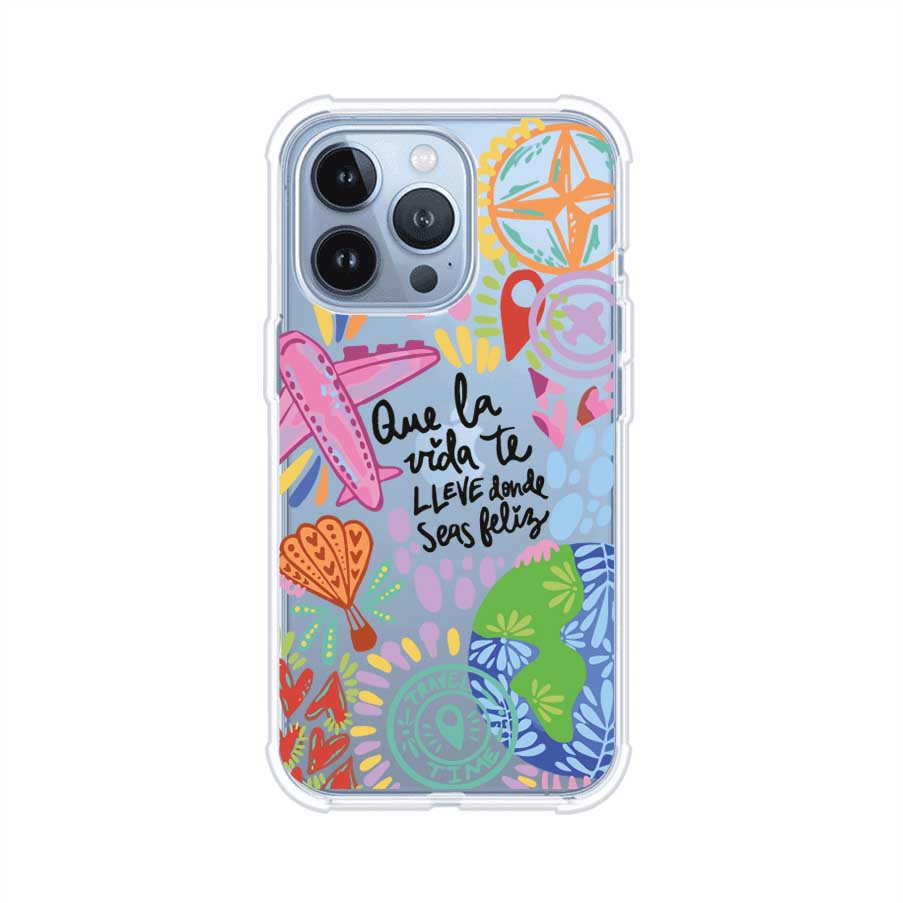 Funda para iPhone con diseño colorido de viaje, frases motivacionales y elementos como aviones, planeta y brújula – Remark Mx