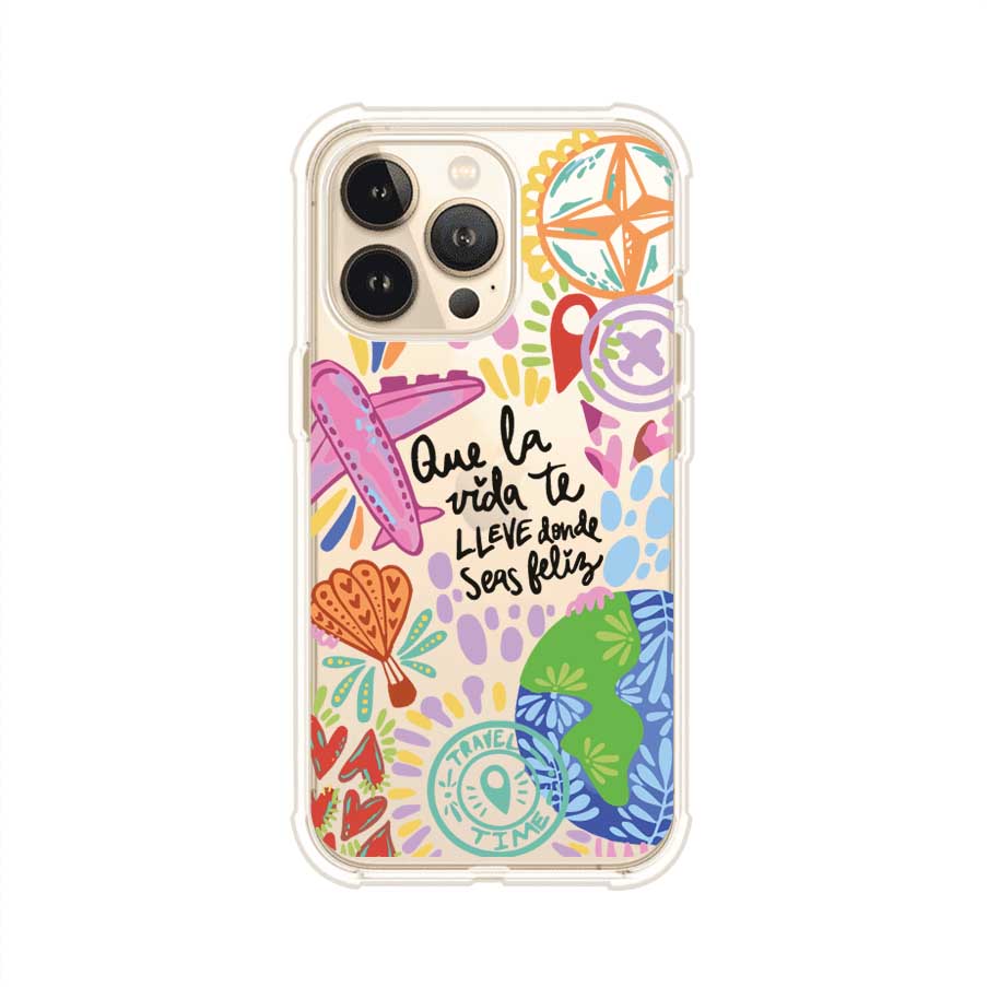 Funda para iPhone con diseño colorido de viaje, frases motivacionales y elementos como aviones, planeta y brújula – Remark Mx