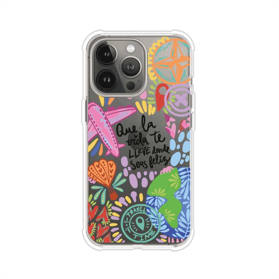 Funda para iPhone con diseño colorido de viaje, frases motivacionales y elementos como aviones, planeta y brújula – Remark Mx