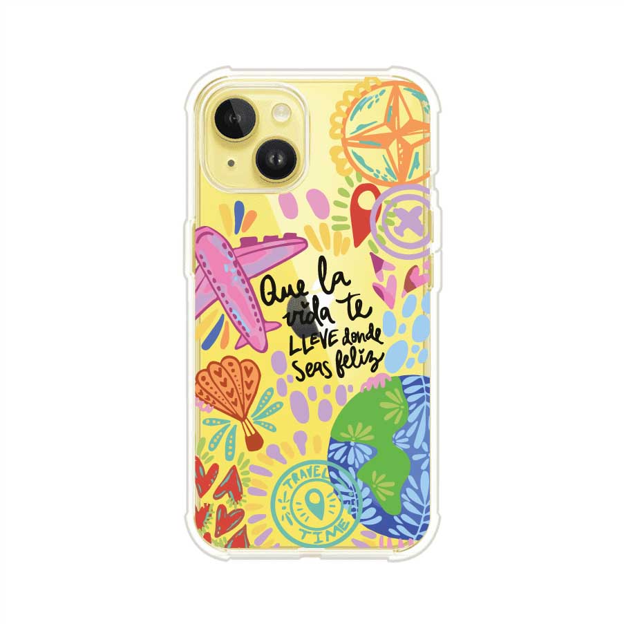 Funda para iPhone con diseño colorido de viaje, frases motivacionales y elementos como aviones, planeta y brújula – Remark Mx