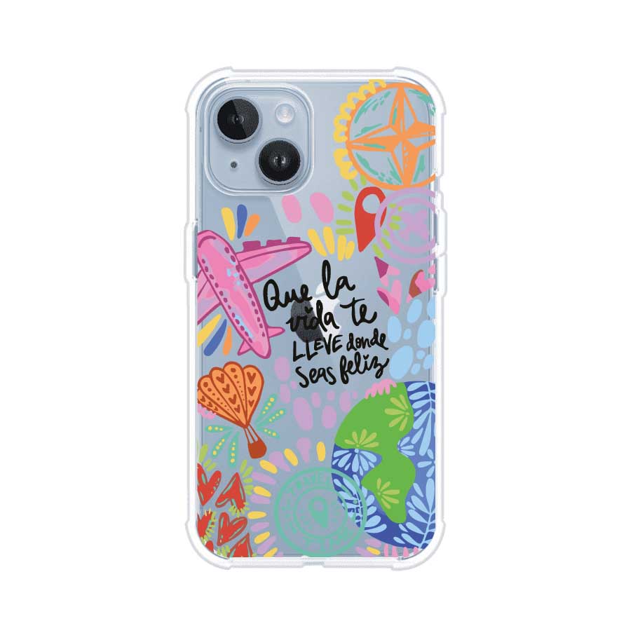 Funda para iPhone con diseño colorido de viaje, frases motivacionales y elementos como aviones, planeta y brújula – Remark Mx