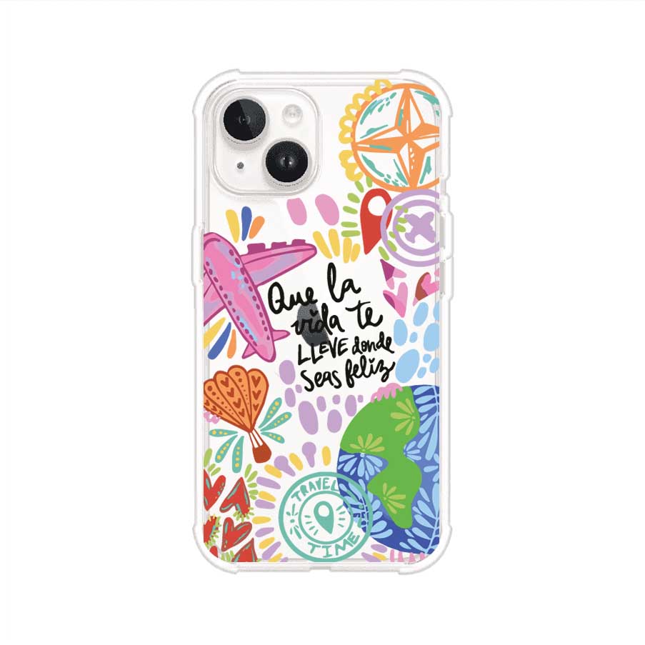 Funda para iPhone con diseño colorido de viaje, frases motivacionales y elementos como aviones, planeta y brújula – Remark Mx