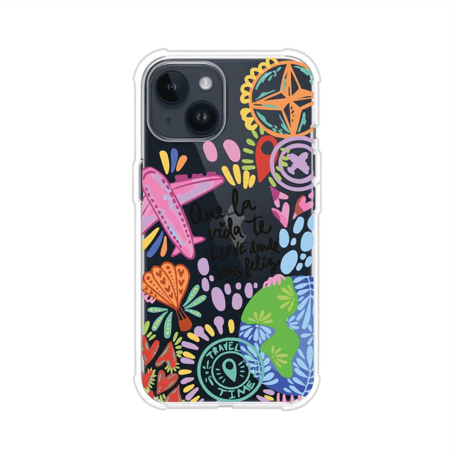 Funda para iPhone con diseño colorido de viaje, frases motivacionales y elementos como aviones, planeta y brújula – Remark Mx