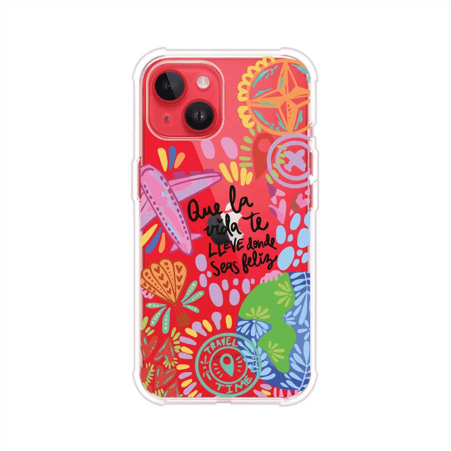 Funda para iPhone con diseño colorido de viaje, frases motivacionales y elementos como aviones, planeta y brújula – Remark Mx