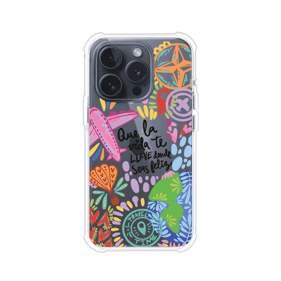 Funda para iPhone con diseño colorido de viaje, frases motivacionales y elementos como aviones, planeta y brújula – Remark Mx
