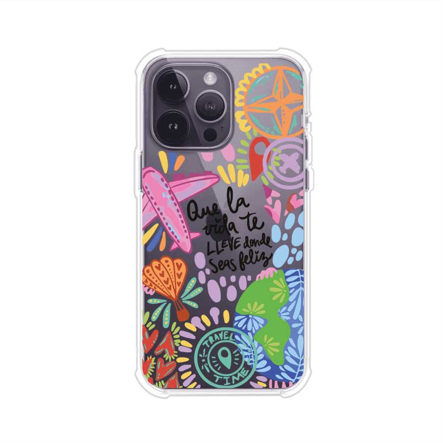 Funda para iPhone con diseño colorido de viaje, frases motivacionales y elementos como aviones, planeta y brújula – Remark Mx