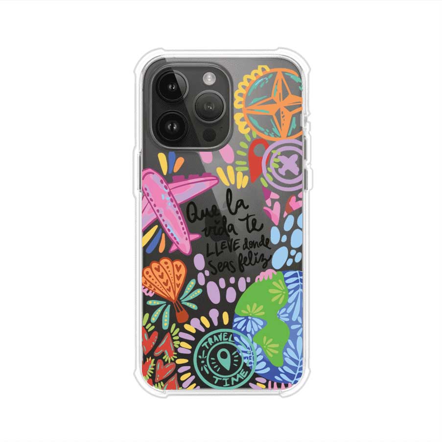 Funda para iPhone con diseño colorido de viaje, frases motivacionales y elementos como aviones, planeta y brújula – Remark Mx