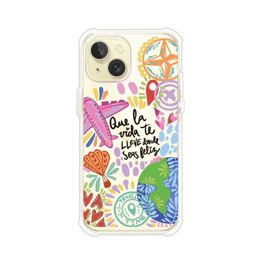 Funda para iPhone con diseño colorido de viaje, frases motivacionales y elementos como aviones, planeta y brújula – Remark Mx