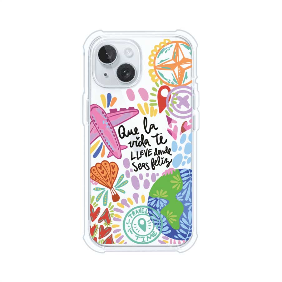 Funda para iPhone con diseño colorido de viaje, frases motivacionales y elementos como aviones, planeta y brújula – Remark Mx