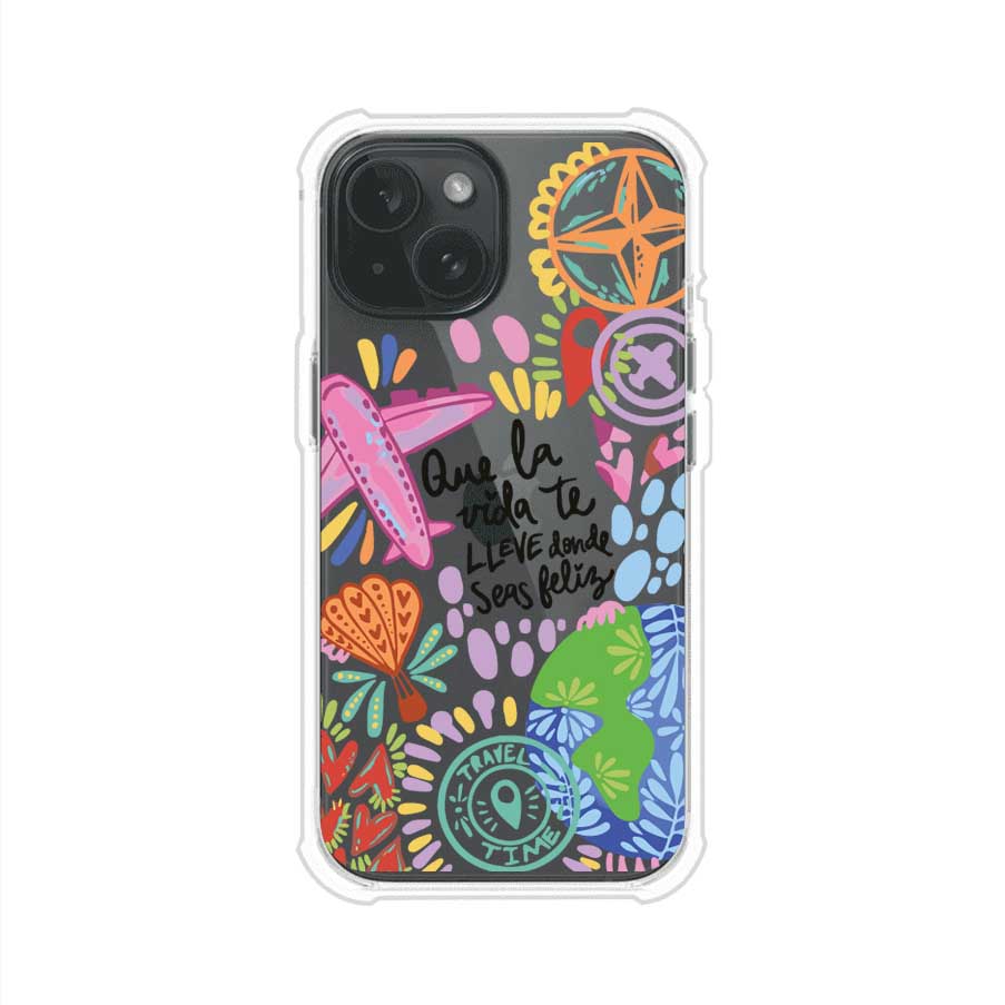 Funda para iPhone con diseño colorido de viaje, frases motivacionales y elementos como aviones, planeta y brújula – Remark Mx