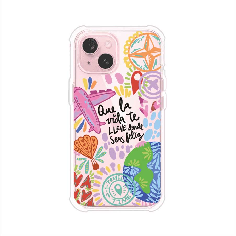 Funda para iPhone con diseño colorido de viaje, frases motivacionales y elementos como aviones, planeta y brújula – Remark Mx