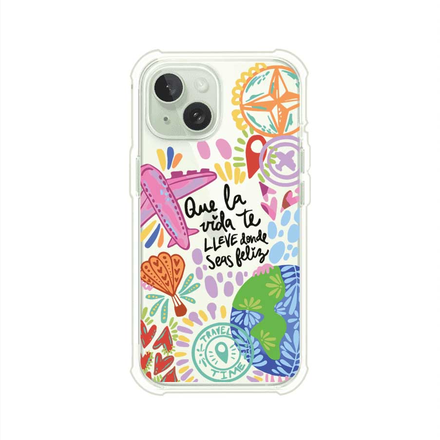 Funda para iPhone con diseño colorido de viaje, frases motivacionales y elementos como aviones, planeta y brújula – Remark Mx