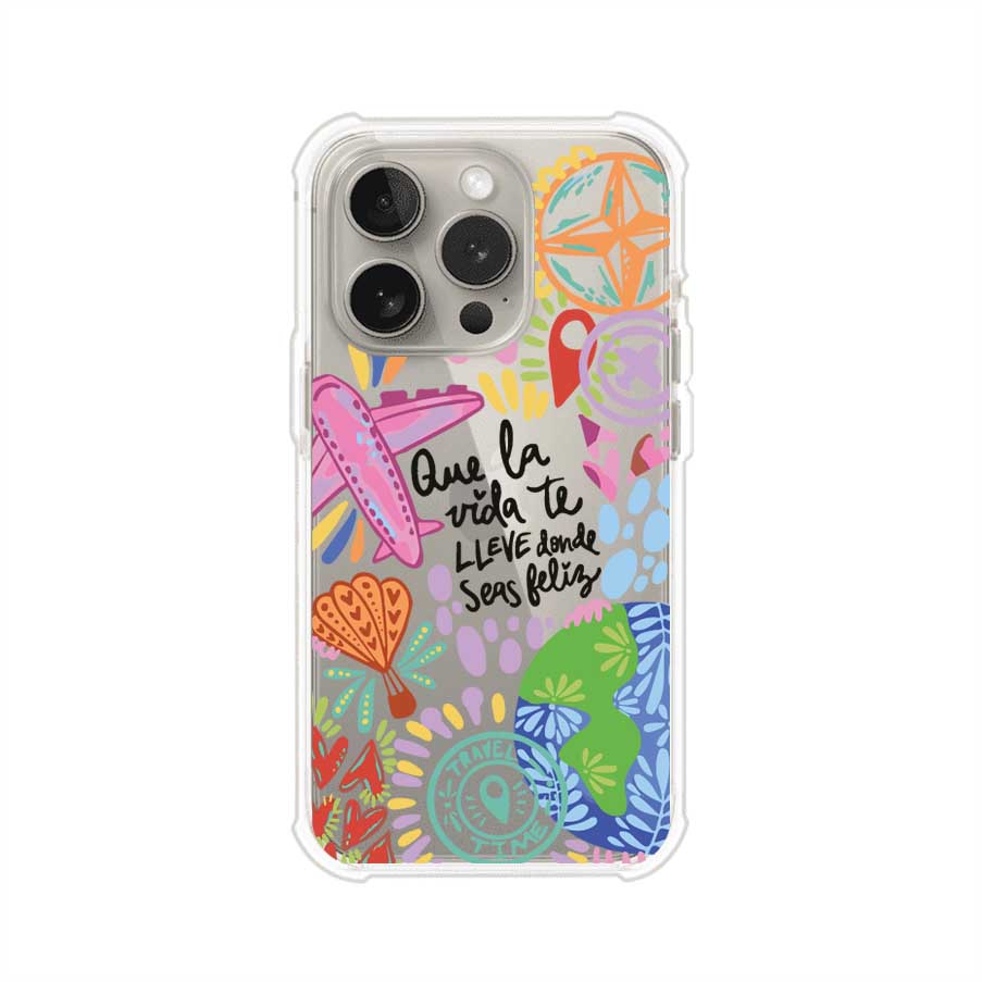 Funda para iPhone con diseño colorido de viaje, frases motivacionales y elementos como aviones, planeta y brújula – Remark Mx