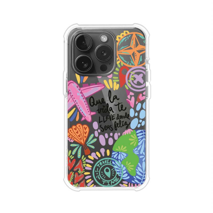 Funda para iPhone con diseño colorido de viaje, frases motivacionales y elementos como aviones, planeta y brújula – Remark Mx