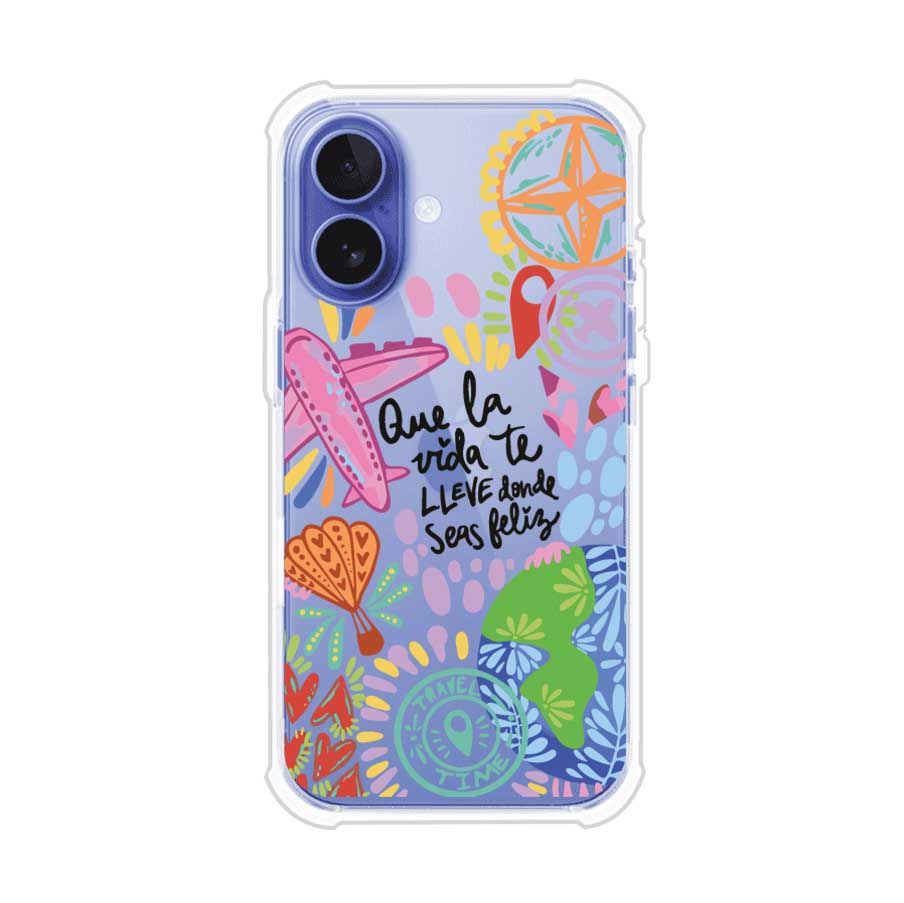 Funda para iPhone con diseño colorido de viaje, frases motivacionales y elementos como aviones, planeta y brújula – Remark Mx