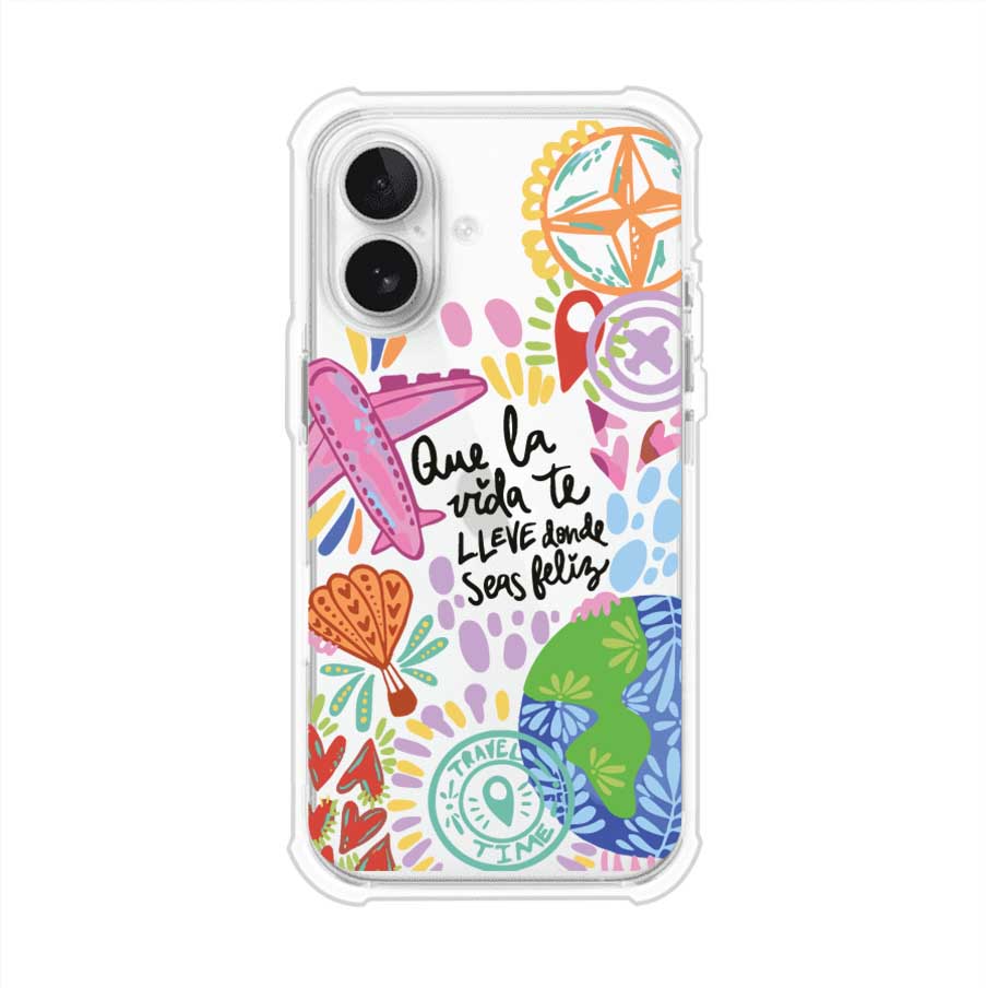 Funda para iPhone con diseño colorido de viaje, frases motivacionales y elementos como aviones, planeta y brújula – Remark Mx