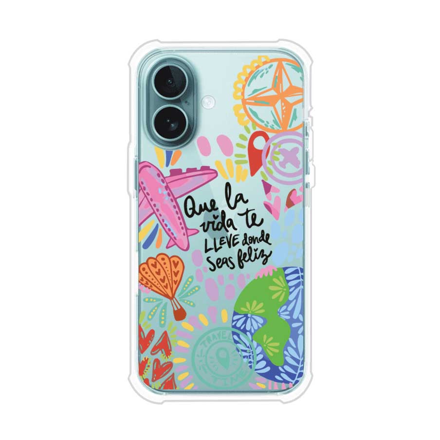Funda para iPhone con diseño colorido de viaje, frases motivacionales y elementos como aviones, planeta y brújula – Remark Mx