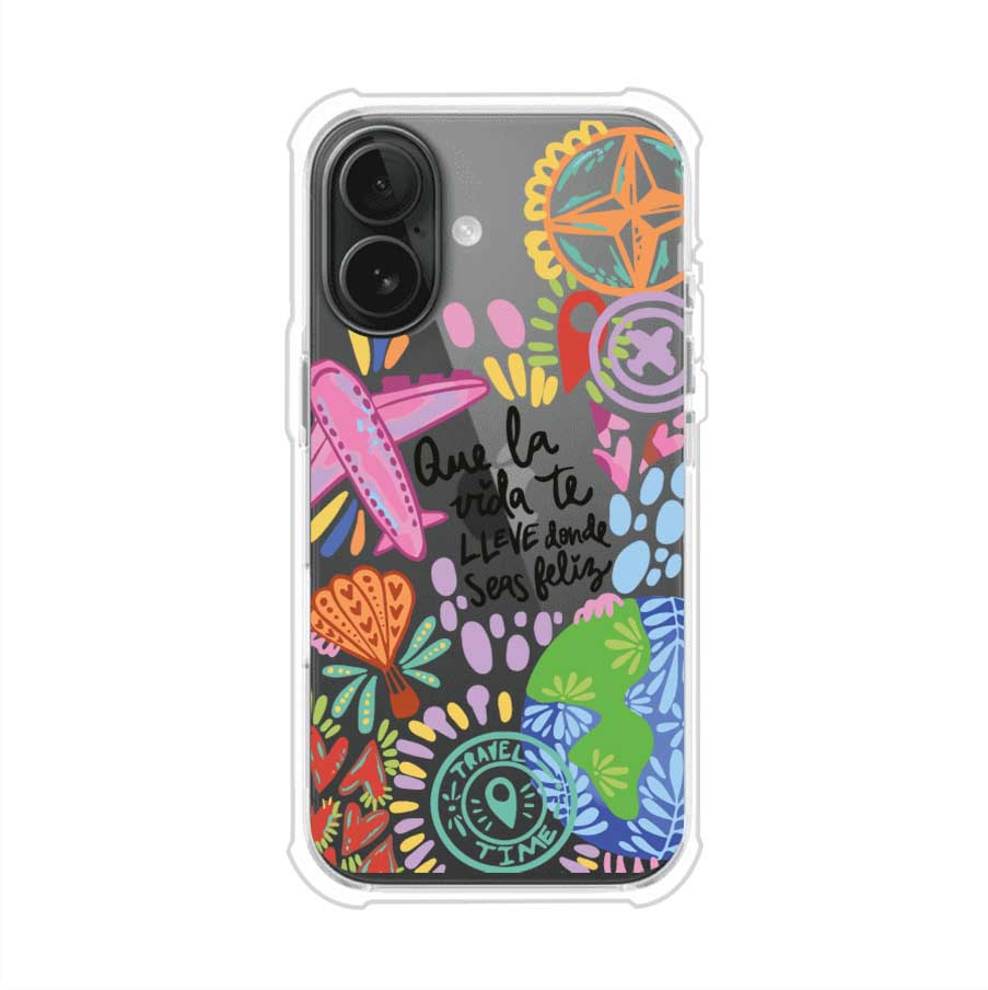 Funda para iPhone con diseño colorido de viaje, frases motivacionales y elementos como aviones, planeta y brújula – Remark Mx