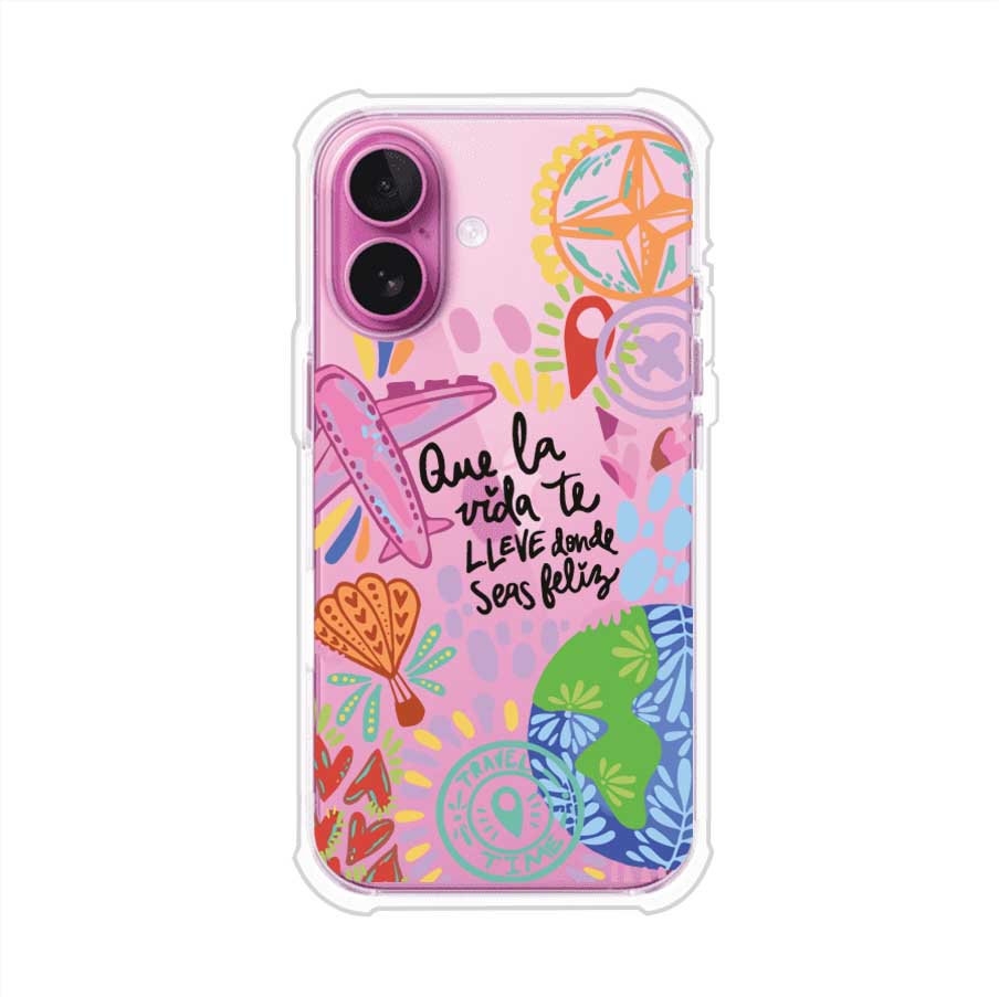 Funda para iPhone con diseño colorido de viaje, frases motivacionales y elementos como aviones, planeta y brújula – Remark Mx