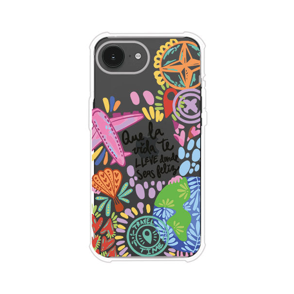 Funda para iPhone con diseño colorido de viaje, frases motivacionales y elementos como aviones, planeta y brújula – Remark Mx