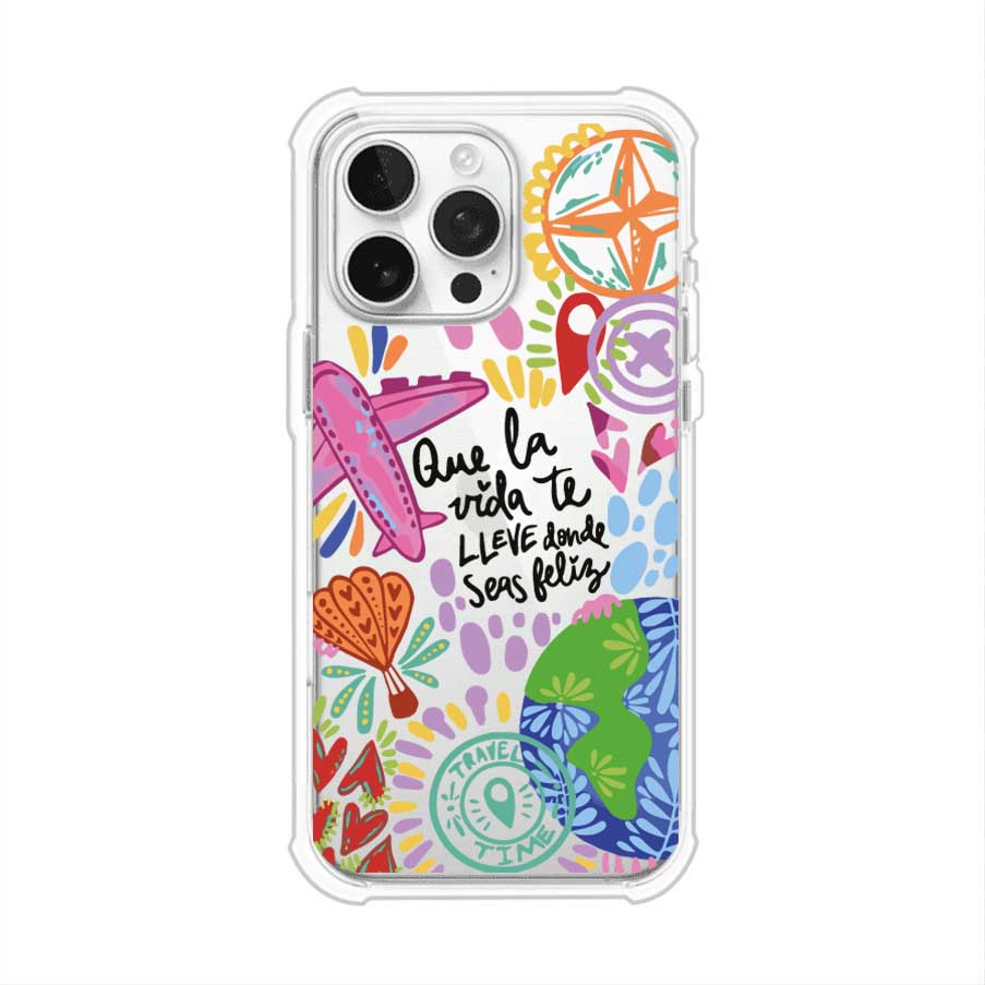 Funda para iPhone con diseño colorido de viaje, frases motivacionales y elementos como aviones, planeta y brújula – Remark Mx