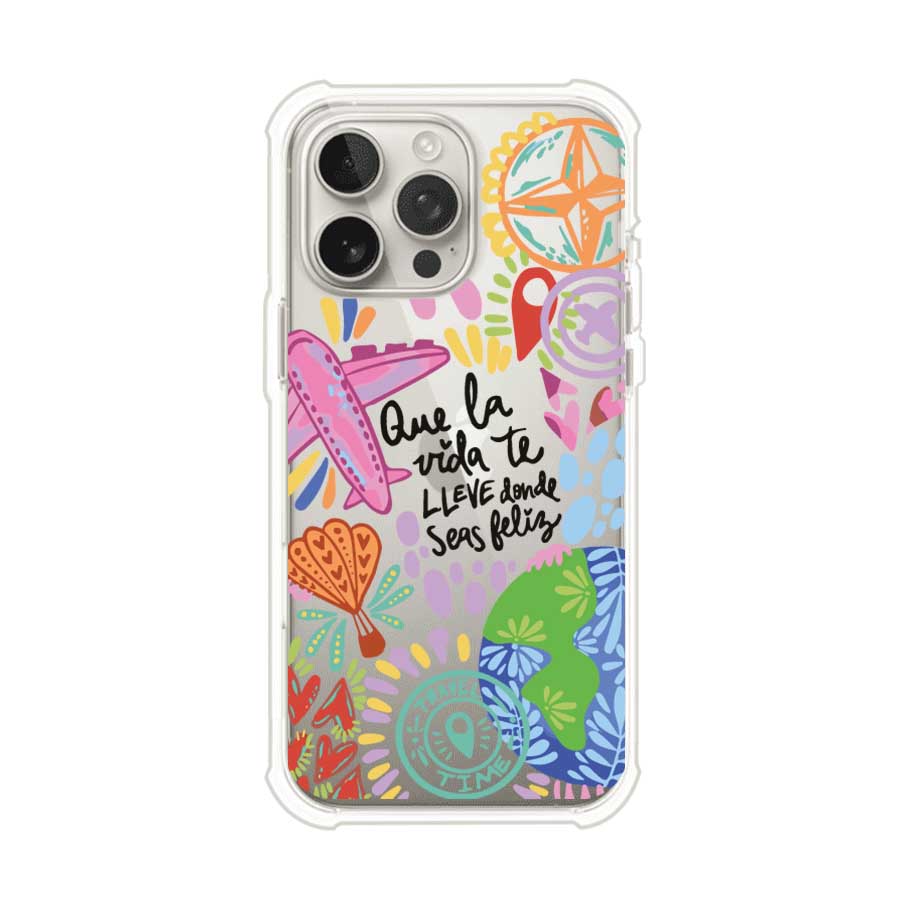 Funda para iPhone con diseño colorido de viaje, frases motivacionales y elementos como aviones, planeta y brújula – Remark Mx