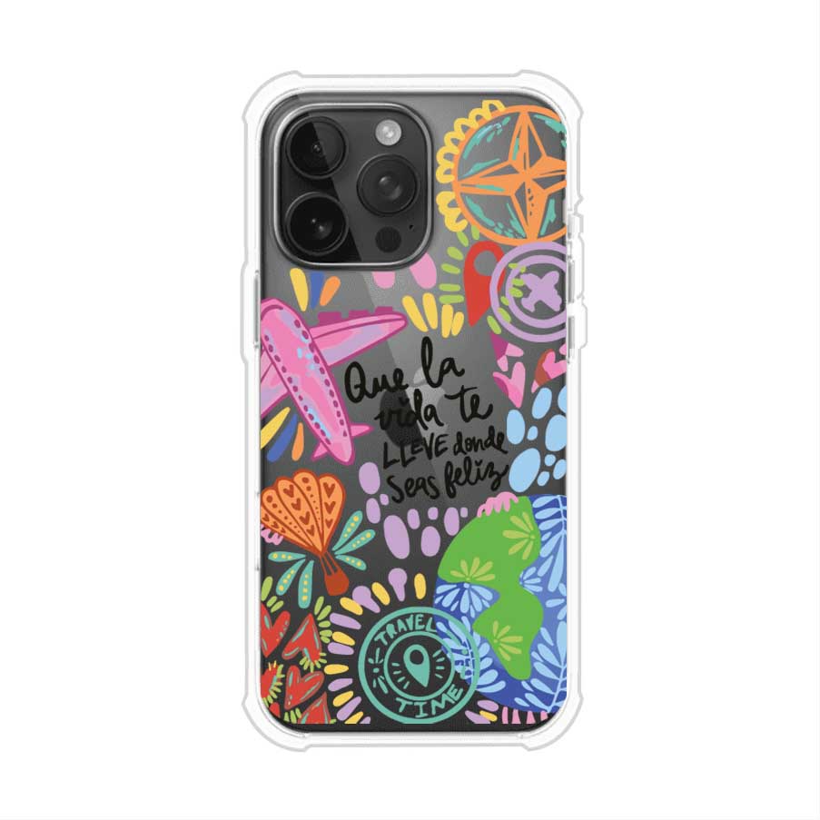 Funda para iPhone con diseño colorido de viaje, frases motivacionales y elementos como aviones, planeta y brújula – Remark Mx