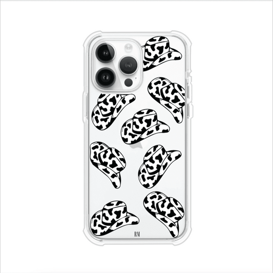 Funda para iPhone con diseño de múltiples sombreros vaqueros en estampado blanco y negro tipo vaca. Estilo western minimalista con vibe country. Producto de Remark Mx.