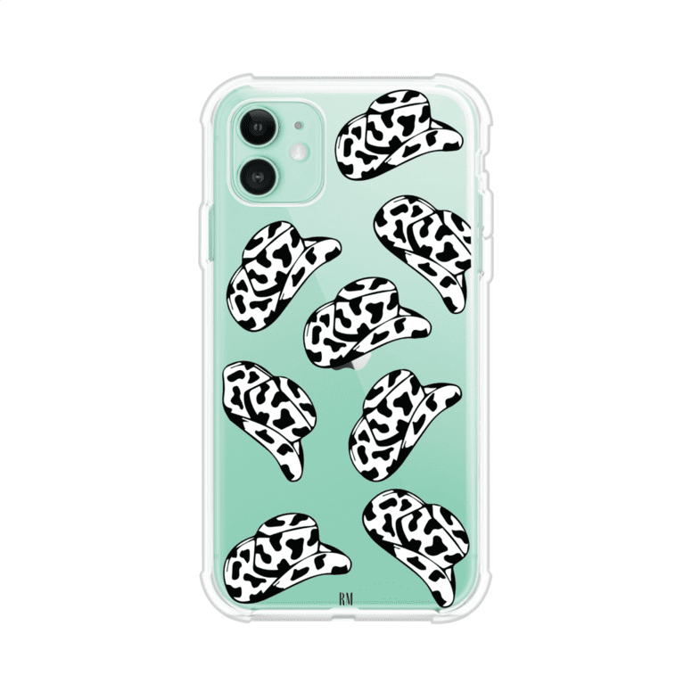 Funda para iPhone con diseño de múltiples sombreros vaqueros en estampado blanco y negro tipo vaca. Estilo western minimalista con vibe country. Producto de Remark Mx.