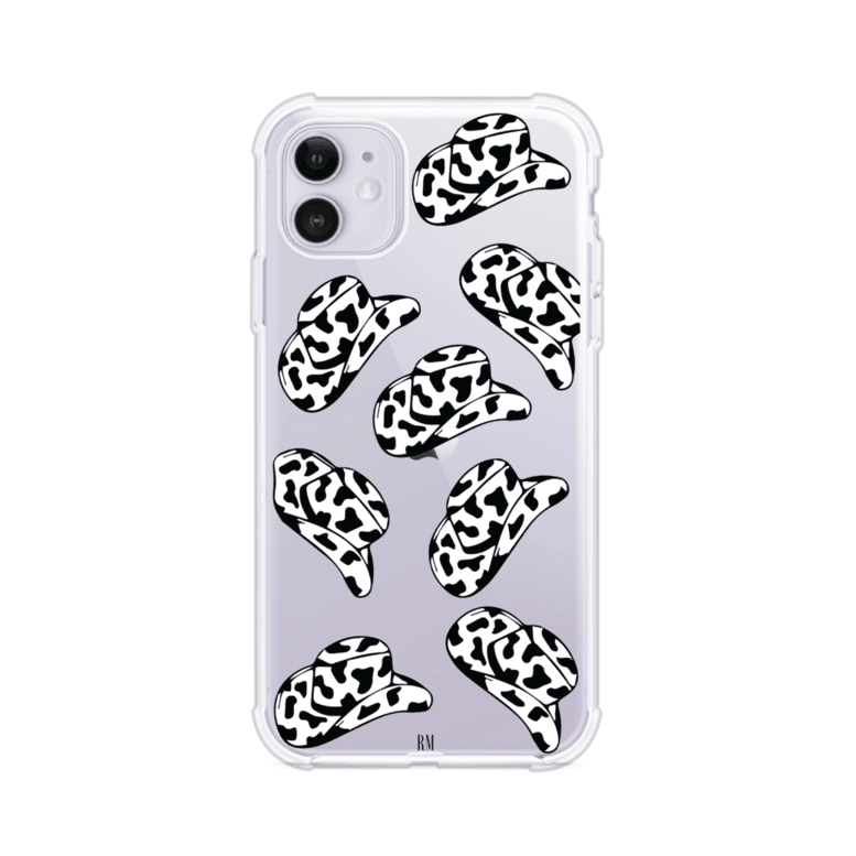 Funda para iPhone con diseño de múltiples sombreros vaqueros en estampado blanco y negro tipo vaca. Estilo western minimalista con vibe country. Producto de Remark Mx.