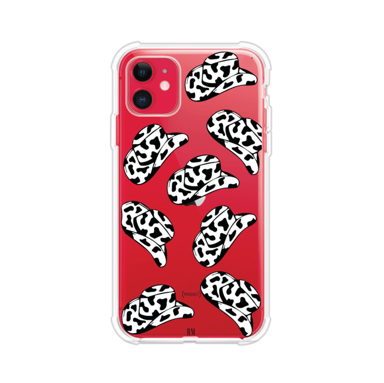 Funda para iPhone con diseño de múltiples sombreros vaqueros en estampado blanco y negro tipo vaca. Estilo western minimalista con vibe country. Producto de Remark Mx.