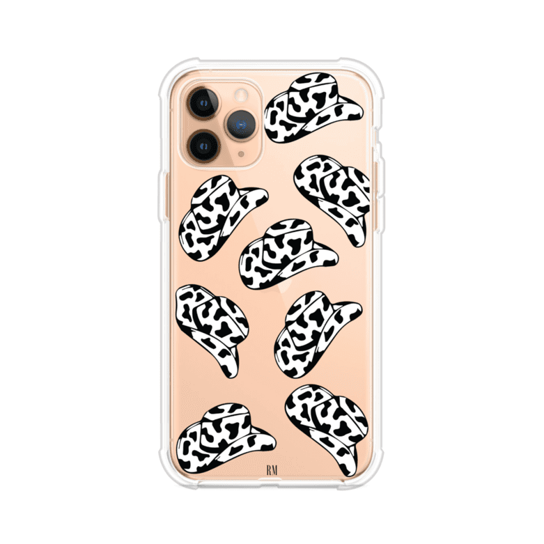 Funda para iPhone con diseño de múltiples sombreros vaqueros en estampado blanco y negro tipo vaca. Estilo western minimalista con vibe country. Producto de Remark Mx.