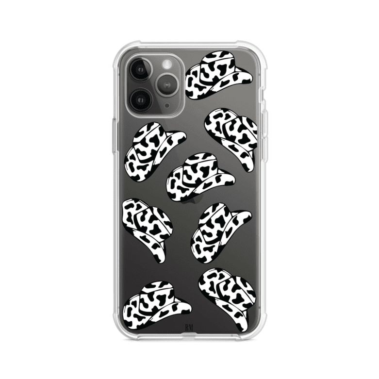 Funda para iPhone con diseño de múltiples sombreros vaqueros en estampado blanco y negro tipo vaca. Estilo western minimalista con vibe country. Producto de Remark Mx.