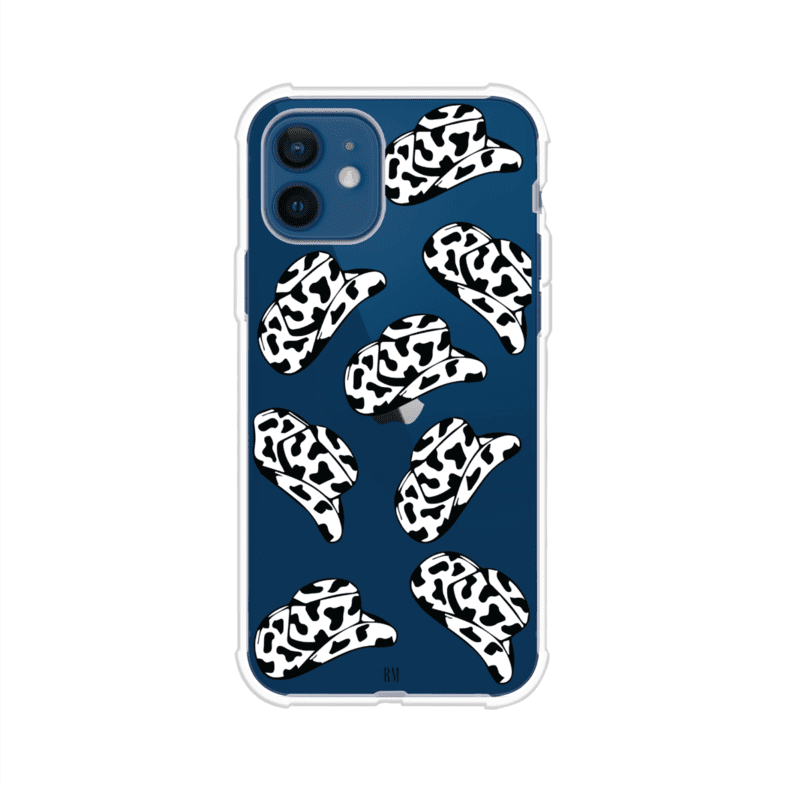Funda para iPhone con diseño de múltiples sombreros vaqueros en estampado blanco y negro tipo vaca. Estilo western minimalista con vibe country. Producto de Remark Mx.