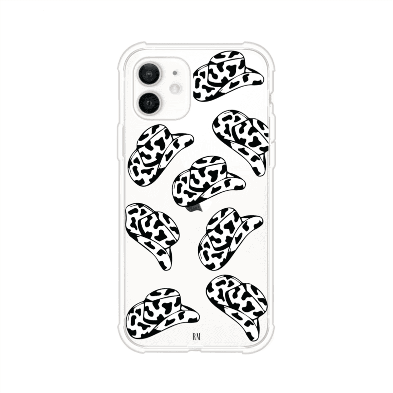 Funda para iPhone con diseño de múltiples sombreros vaqueros en estampado blanco y negro tipo vaca. Estilo western minimalista con vibe country. Producto de Remark Mx.