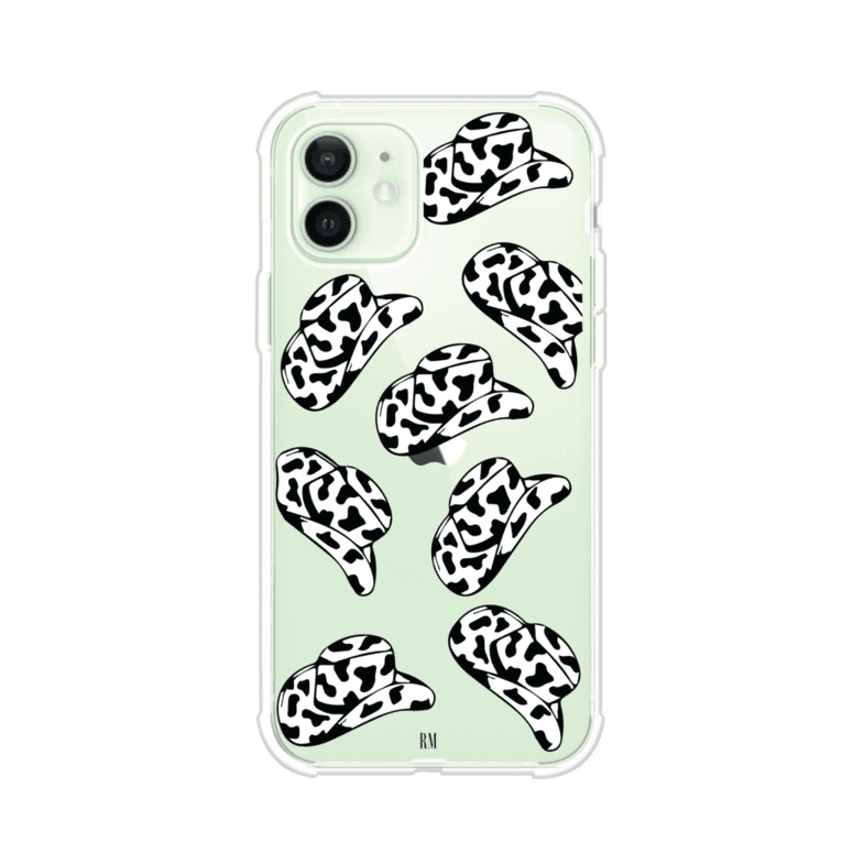 Funda para iPhone con diseño de múltiples sombreros vaqueros en estampado blanco y negro tipo vaca. Estilo western minimalista con vibe country. Producto de Remark Mx.