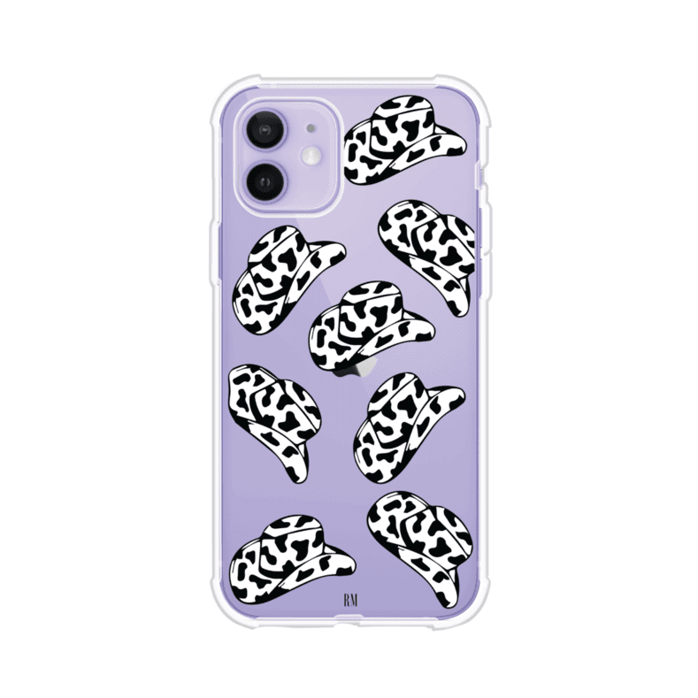 Funda para iPhone con diseño de múltiples sombreros vaqueros en estampado blanco y negro tipo vaca. Estilo western minimalista con vibe country. Producto de Remark Mx.