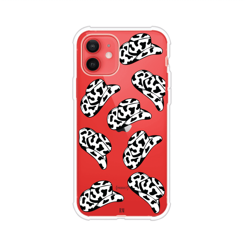 Funda para iPhone con diseño de múltiples sombreros vaqueros en estampado blanco y negro tipo vaca. Estilo western minimalista con vibe country. Producto de Remark Mx.