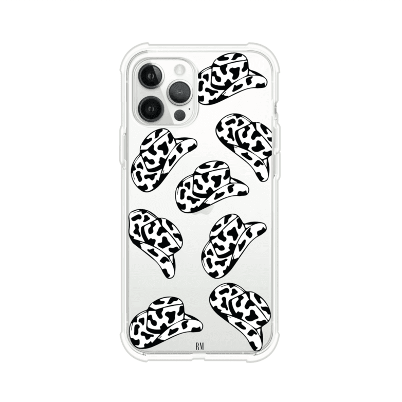 Funda para iPhone con diseño de múltiples sombreros vaqueros en estampado blanco y negro tipo vaca. Estilo western minimalista con vibe country. Producto de Remark Mx.
