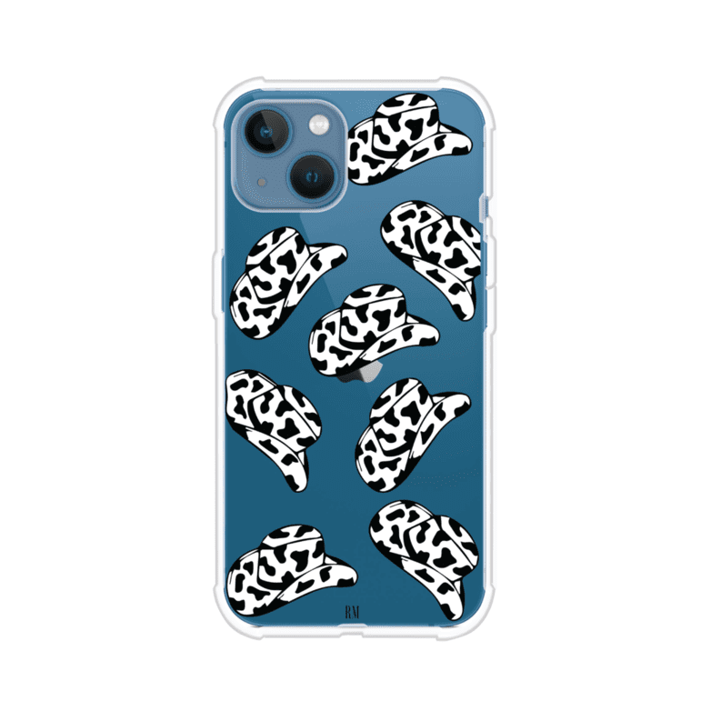 Funda para iPhone con diseño de múltiples sombreros vaqueros en estampado blanco y negro tipo vaca. Estilo western minimalista con vibe country. Producto de Remark Mx.