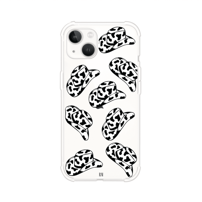 Funda para iPhone con diseño de múltiples sombreros vaqueros en estampado blanco y negro tipo vaca. Estilo western minimalista con vibe country. Producto de Remark Mx.