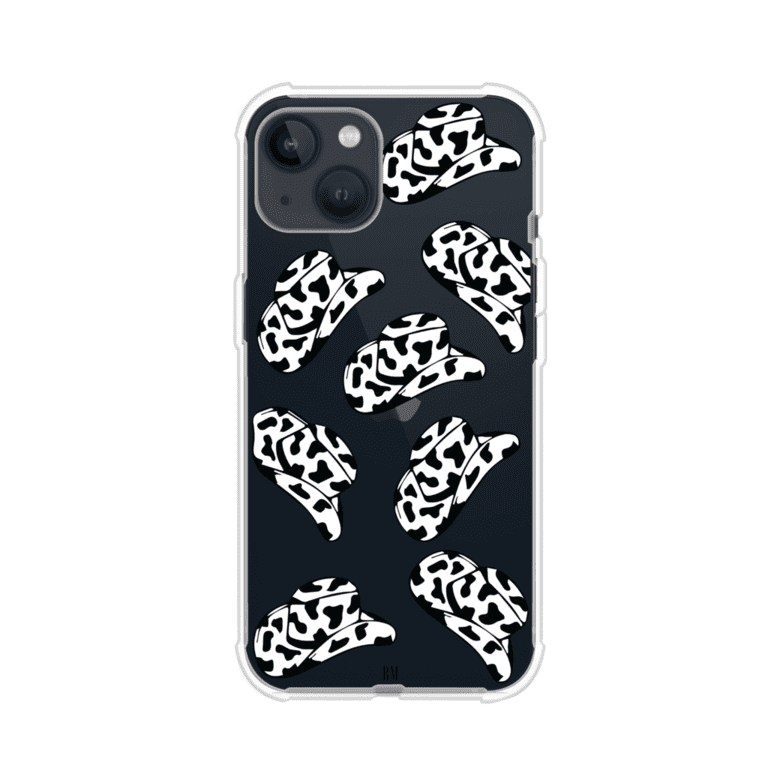 Funda para iPhone con diseño de múltiples sombreros vaqueros en estampado blanco y negro tipo vaca. Estilo western minimalista con vibe country. Producto de Remark Mx.